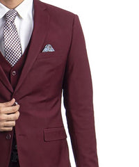 3 piece Burgundy Slim Fit Men's Suit with Vest Set Sean Alexander Suits - Paul Malone.com