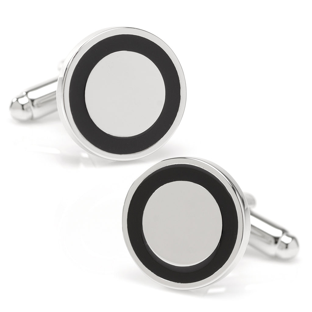 Round Silver Cufflinks With Black Enamel Edge